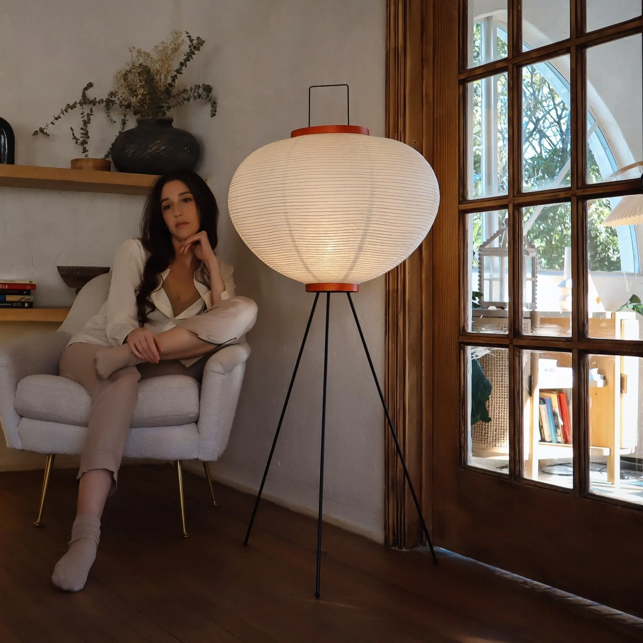 NOGY Round Tripod Floor Lamp, Tripod Washi Paper Floor Lamp, Lamp with Wooden Ring