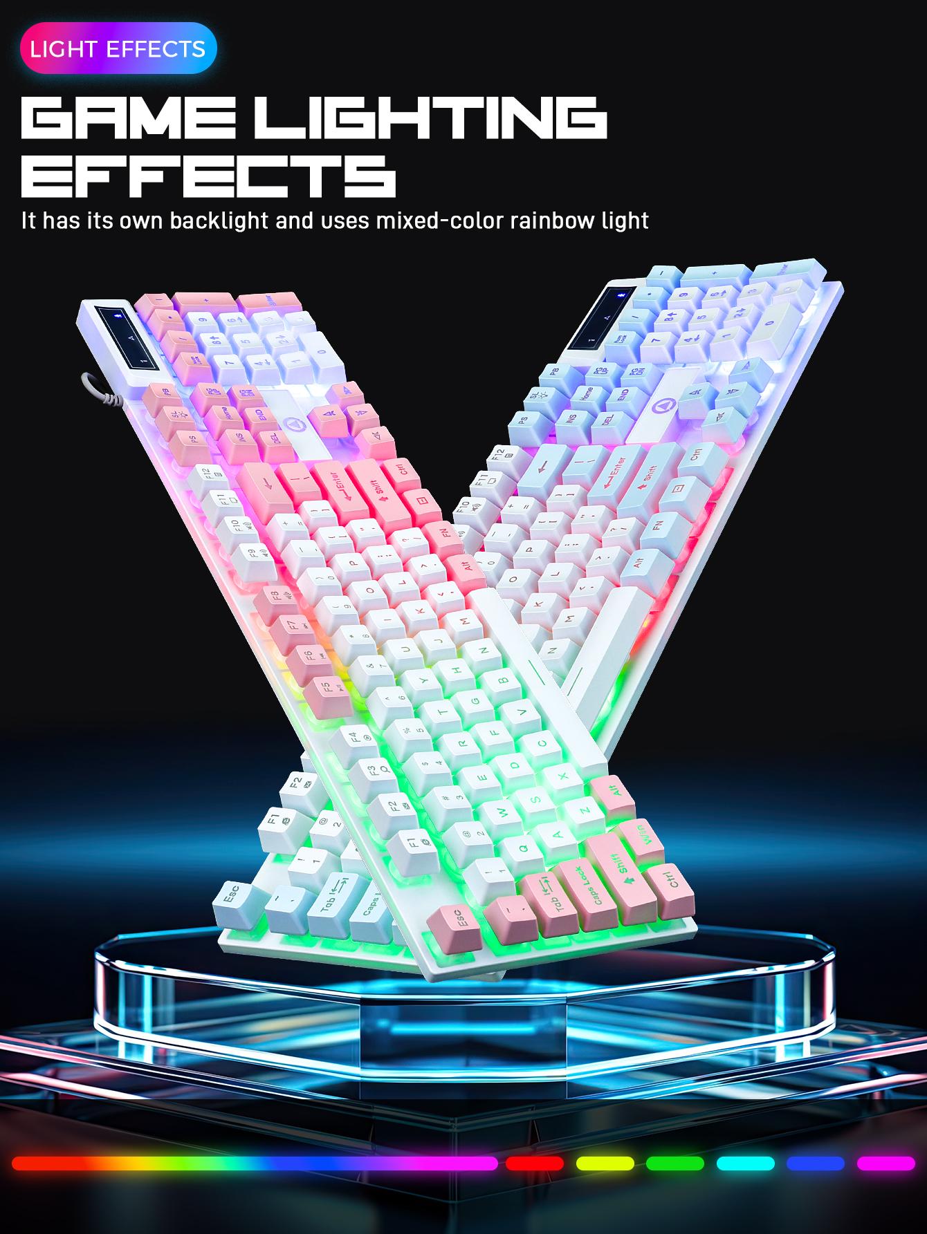 104 Gaming Keyboard Wired, laptop Keyboards with Creamy Cute Number Pad for PC, Mechanical usb c Keyboard with Tactile switch feel Floating Keycaps, Rainbow Mixed-Color Backlit Keyboard & Multimedia Keys for Gamer