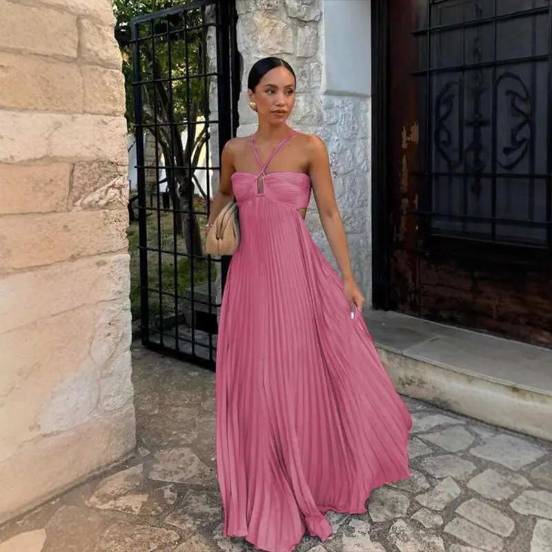 open lace back dress Pleated Drop Waist Maxi Dress