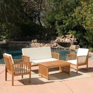 4-Piece Acacia Wood Outdoor Patio Furniture Set with Cushions, Loveseat, Club Chairs & Coffee Table for Backyard, Porch & Garden