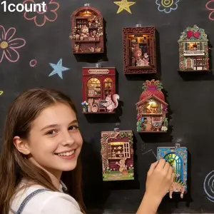 Fridge Magnet DIY Book Nook Kit, Wooden 3D Puzzle Toy, Dollhouse Shop Animal Mini House, Creative Assembly Model, Decorative Furniture