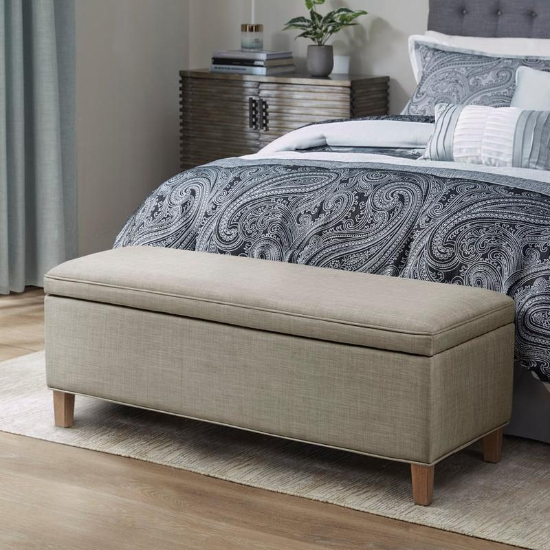 Martha Stewart Caymus Pattern Rectangular Soft-Close Cushioned Stool - Polyester Light Grey, 48x18.5x18 in, 400 lbs Capacity, 3.25" Plush Seat, Upholstered Cushion Stools, Solid Wood Legs, Blanket Storage, Living Room Decor, Assembly Required (MT105-0156)