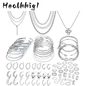 59pcs Dainty Jewelry Set with Necklace Bracelet Earring Knuckle Rings, Stackable Knuckle Trendy Elegance Accessories Non Tarnish Minimalist Textured Boho Jewelry Gift for Women