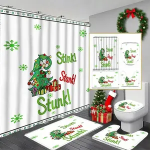 1/4pcs Christmas-themed shower curtain set, including non-slip mat, U-shaped rug, and toilet seat cover, perfectly suited for bathroom decoration, partitioning, and beautifying the space. Comes with 12 shower curtain hooks. Bathroom Decoration Accessories
