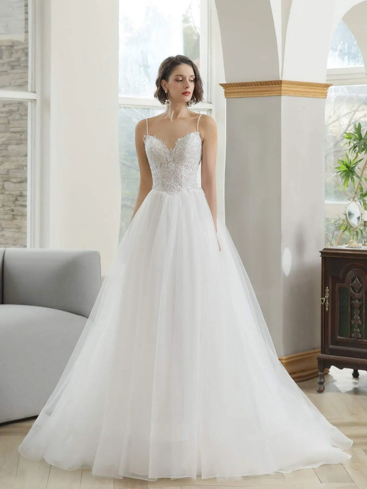 Women's Sweetheart Neck Ball Gown Wedding Dress - Lace Blend Organza Fabric, Beaded Sleeveless A-Line, Semi-Sheer Bodice, Long Chapel Train, Zip Closure, Made-to-Order