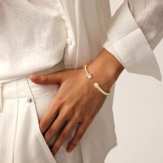 Fettero Gold Cuff Bangle Bracelets for Women - Gold Plated Adjustable Open Cuff Friendship Bracelets Elegant Twisted Cable Bangle Bracelet Lightweight Pearl Bracelet for Dainty Jewelry