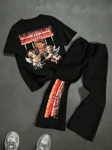 Men's New Street Style American Cartoon Angel Baby Basketball Graphic Letter Print Short Sleeve + Straight Leg Pants Set