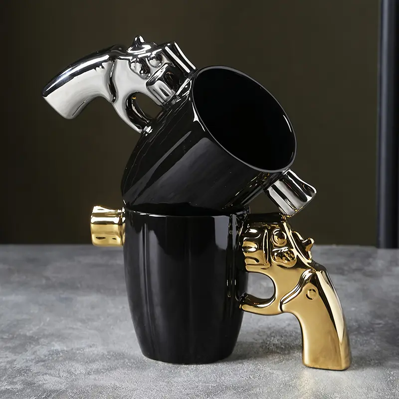 1PCS 12oz Durable Modern Revolver-Shape Ceramic Mug with Gun-Handle, 4.13" Tall Casual Non-Customised Cup, Multi-Purpose Coffee/Tea Drinkware, Hand Wash Only No Dishwasher Safe Recyclable Kitchen Essential, Hip-Hop Gift Idea for Guys