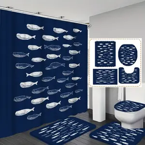1pc/4pc Hand Drawn Fish School Artwork  printed shower curtain, shower curtain set with 12 hooks. The shower curtain set includes a bath mat, U-shaped floor mat, toilet seat cushion, bathroom