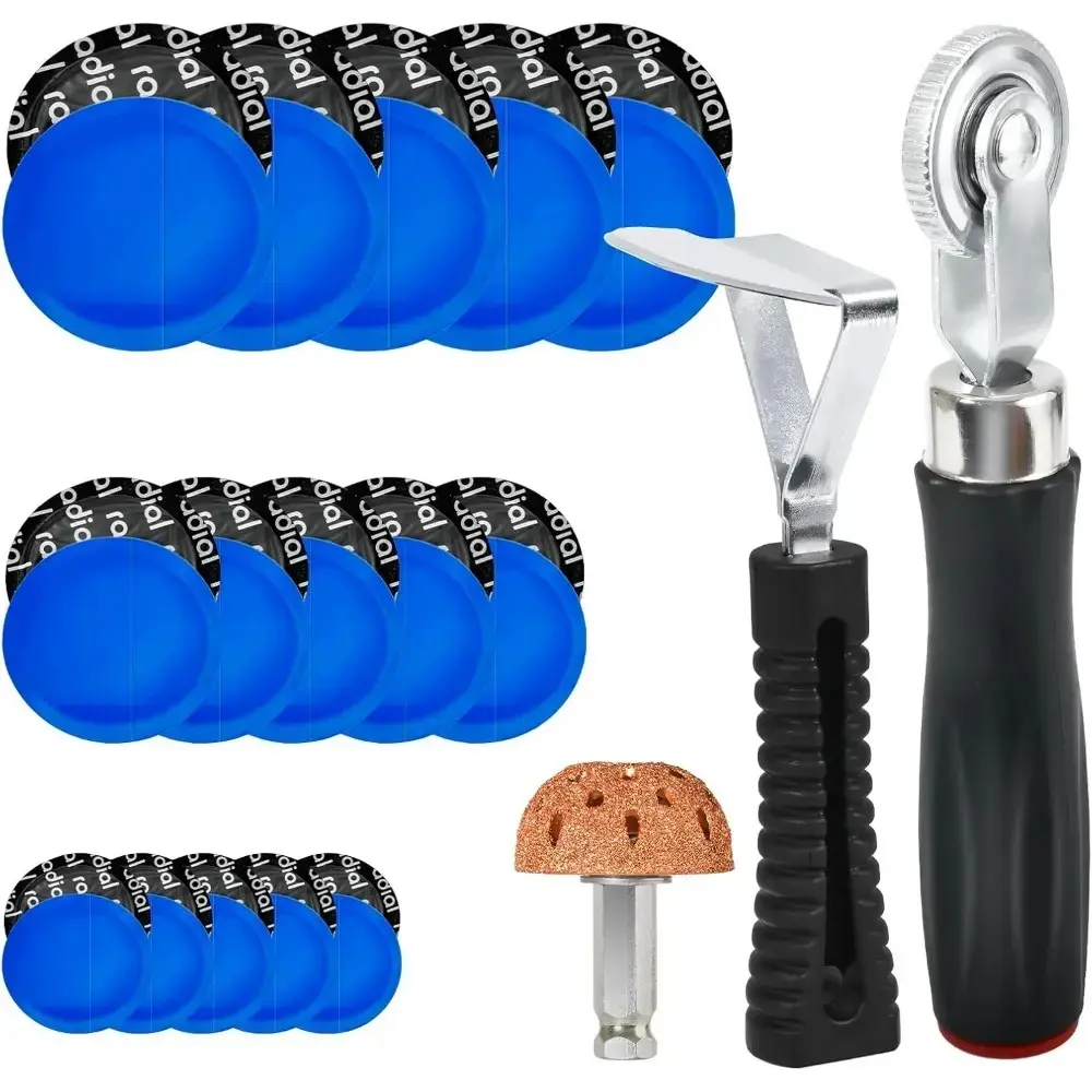 33PCS Tire Repair Patch Tools Tire Patch Kit, 30PCS Tire Patches(32mm/ 42mm/ 58mm) With Tire Patch Roller, Tire Repair Buffing Wheel, Tire Inner Liner Scraper For Car,Motorcycle,Bike