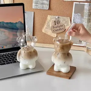 Bear Cup Coffee Glass Set (1 Bear Cup + 1 Straw), Creative Cartoon Glass Water Bottle, Juice Cup with Straw, Stylish and Practical