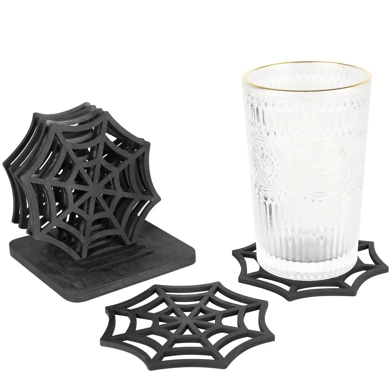 Spider Web Design Coaster, 6 Counts/set Creative Halloween Themed Coaster with Base, Heat Insulated Coasters for Drinks Decorative Coaster Kitchen Coasters for Home Kitchen Office Party Dining Room Decor