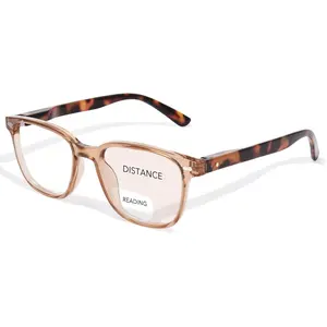 Bifocal Reading Glasses for Women, Blue Light Blocking Readers with Spring Hinges, Clear Top Retro Square Frame