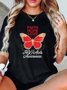 100% Cotton Unisex Faith Hope Love HIV AIDS Awareness Butterfly T-Shirt -Short Sleeve T-Shirt Women's Men's Graphic Tee Causal Tops