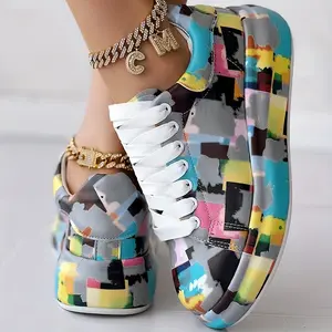Exclusive Colorful Abstract Pattern Casual Sneakers for Women - Lace-Up, Low-Top Design with Round Toe, Faux Cover Upper & Rubber Sole, All-Season Comfort Shoes