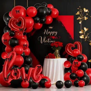 113pcs black and red Valentine's Day balloon arch kit with Heart Shaped Balloons, red love hook and loop aluminum foil and black bow ribbon, used for Valentine's Day parties, proposal parties, weddings, birthdays, and decoration