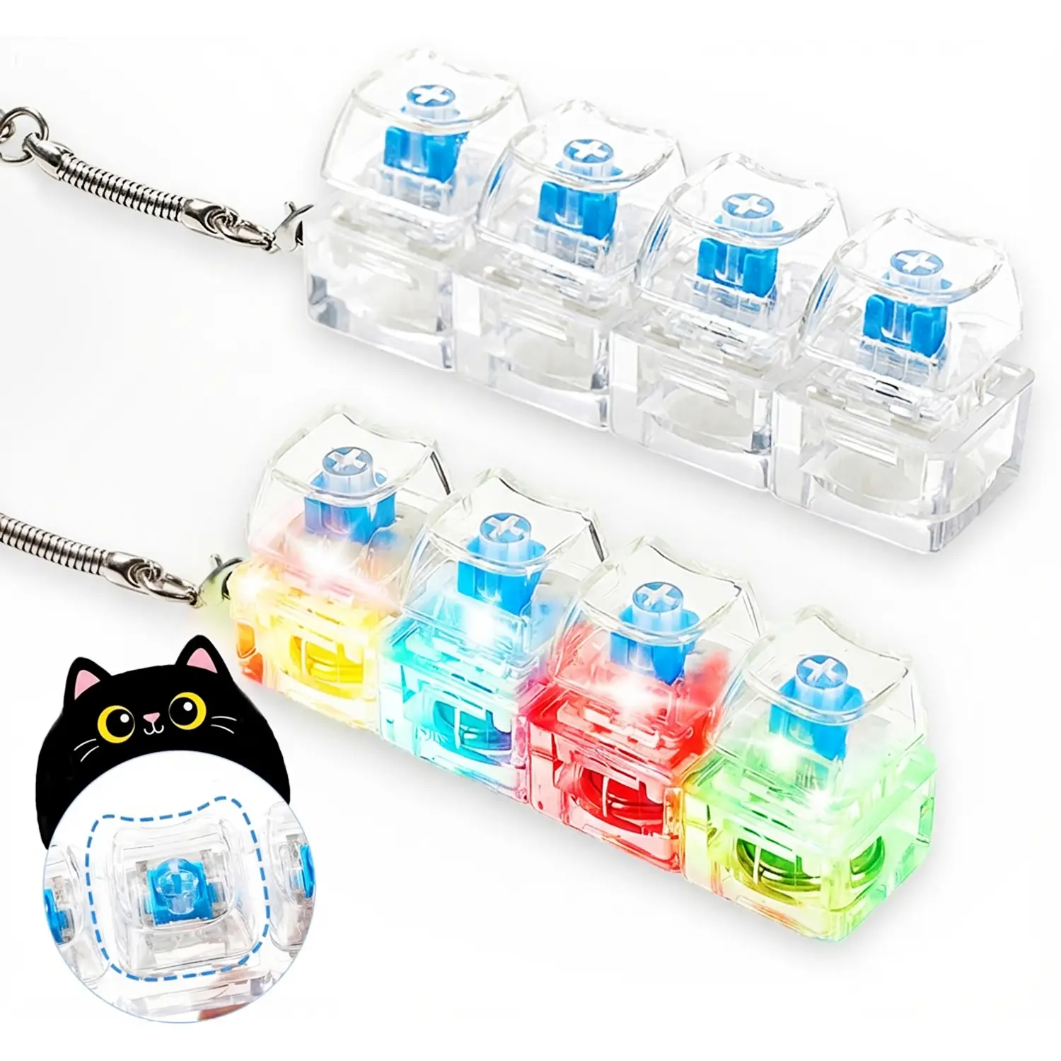 Keyboard Fidget Toys for Adults, Cat-Shaped Fingertip Clicker Keyboard Fidget Keychain with LED Lights, 4-in-1 Loud Stress Relief Fidget Keyboard for Anxiety Decompression, Keychain Decorations, St. Patrick's Day Gift Easter Sunday Gift Mother's Day Gift