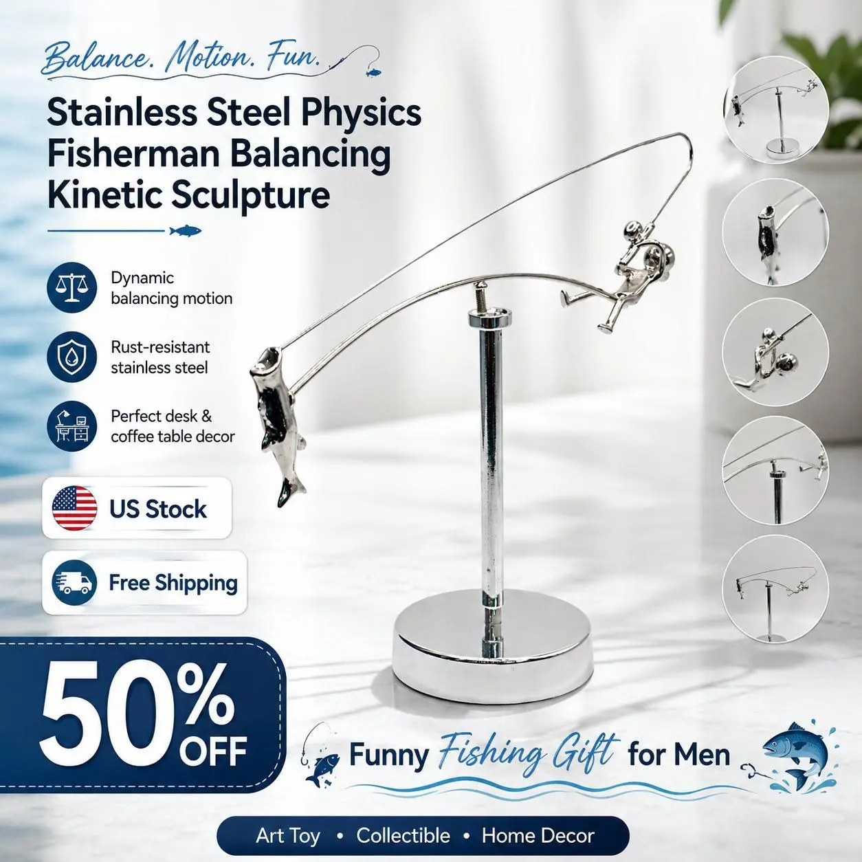 Fisherman Balancing Kinetic Sculpture, Stainless Steel Physics Desk Toy, Funny Fishing Gift for Men, Coffee Table and Office Decor
