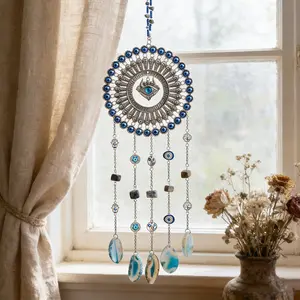 Evil Eye Design Bohemian Wind Dream Catcher with Natural Agate Pendant Hanging Wind Chime, Crystal Chain Sun Catcher, Suitable for Home Bedroom, Living Room, Window, Garden, Office Decoration, Ideal Holiday Birthday Gift