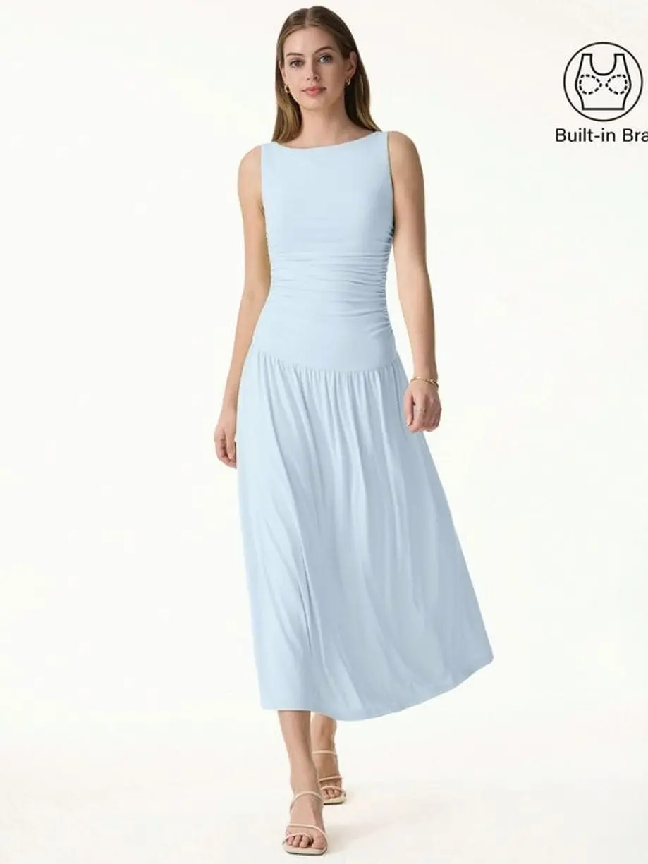 SkinKiss Cooling Boatneck Ruched Midi Bra Dress - Sky Glass
