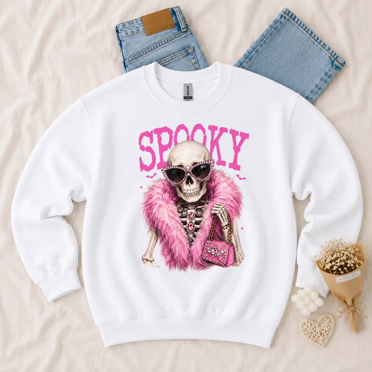 Glam Spooky Skeleton Sweatshirt, Pink Fur Coat Skeleton Halloween White Crewneck, Trendy Pink Spooky Season Pullover, Fashionista Halloween Gift Shirt