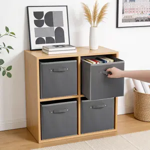 6-Pack Collapsible Fabric Storage Cubes 11 Inch Foldable Organizer Baskets with Faux Leather Handles Sturdy Space-Saving Bins for Closet Shelves Clothes Toys Books Home Organization Grey, Slide, Farmhouse