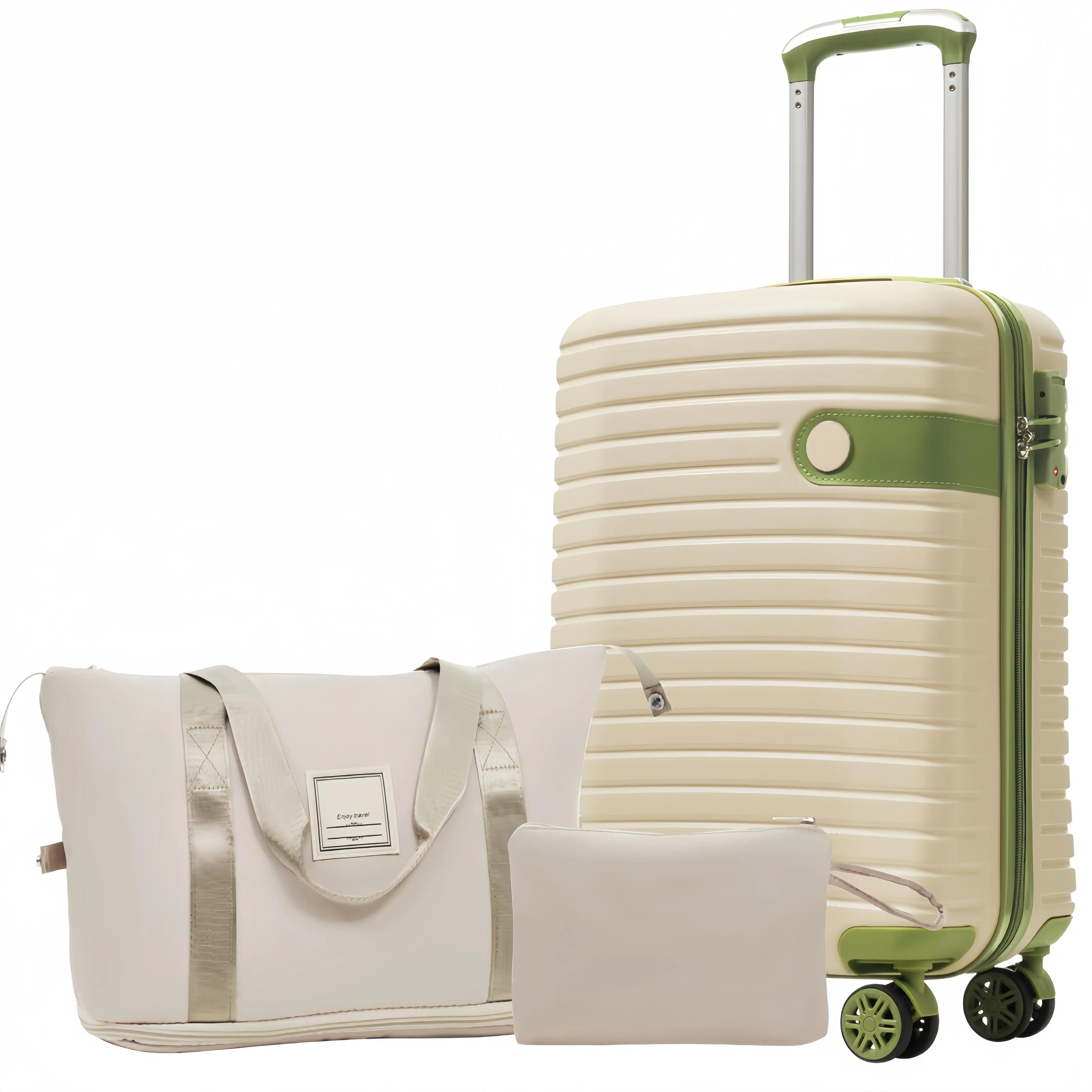 3-Piece 20-Inch White Green Hardside ABS Luggage Set, Fashion Lightweight Carry-On Trolley Suitcase with Handbag, Toiletry Bag, Airplane-Approved Carry On Bags, Abs Luggage Sets, Carry On Bags For Airplanes