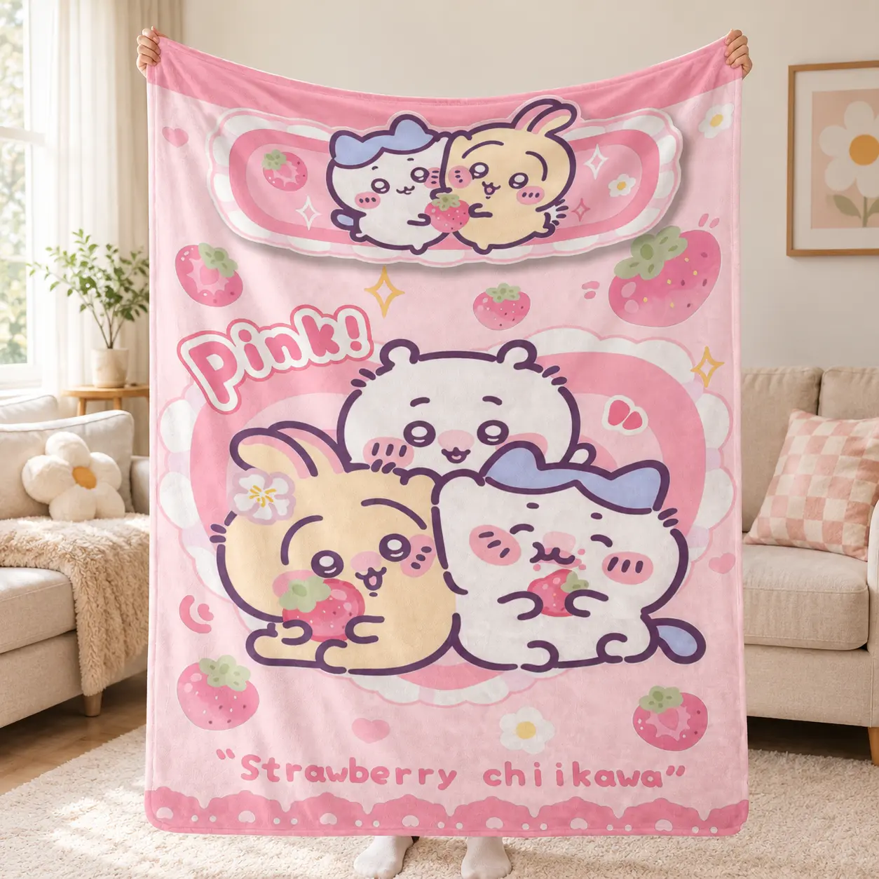 Pastel Pink Sweet Strawberry Chibi Bunny Bear Kitty Cartoon Group Print Throw Blanket Super Soft Warm Flannel Blanket Perfect for Teen Girls Dorm Decor, Sofa Throw & Kawaii Lover Birthday Gifts