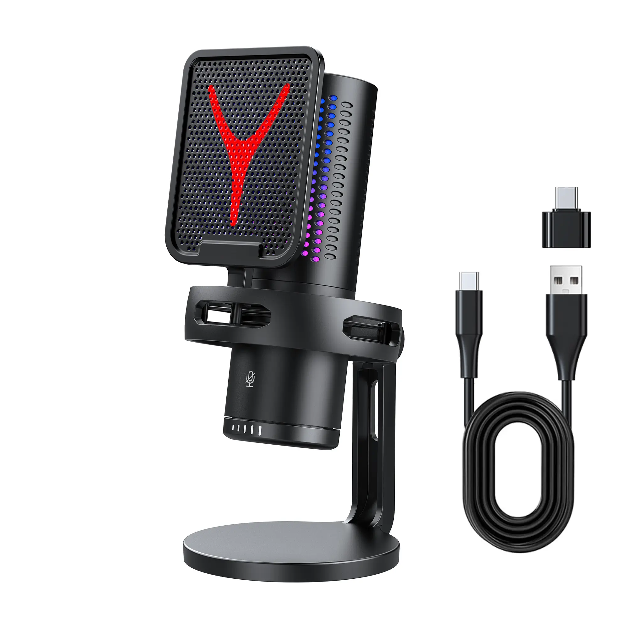 USB Gaming Microphone with Shockproof Stand, Miniature Live Streaming Mic with RGB Lights and Pop Filter, Plug-And-Play Noise-Canceling Condenser Microphone, USB Streaming Mic
