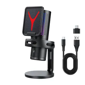 USB Gaming Microphone with Shockproof Stand, Miniature Mic with RGB Lights and Pop Filter, Plug-And-Play Noise-Canceling Condenser Microphone, USB Streaming Mic