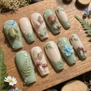 Luxury 3D Frog & Mushroom Press On Nails, Forest Moss Green Fairycore Nail Set, Whimsical Cottagecore Handmade Nails, Nature Fantasy Nail Art for Fall, Birthday, Festival, Unique Gift for Her