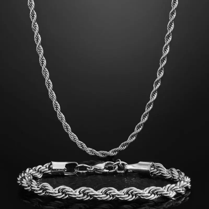 Simple Classic Stainless Steel Rope Chain Necklace & Bracelet (1 Set), Fashionable Jewelry Set, Fashion Jewelry for Party, Daily Clothing Decor, Trendy All-match & Exquisite Jewelry for Birthday Gift, Men Jewelry