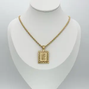 Unisex Gold Square Initial Necklace with 3mm Rope Chain. Message seller for initial.