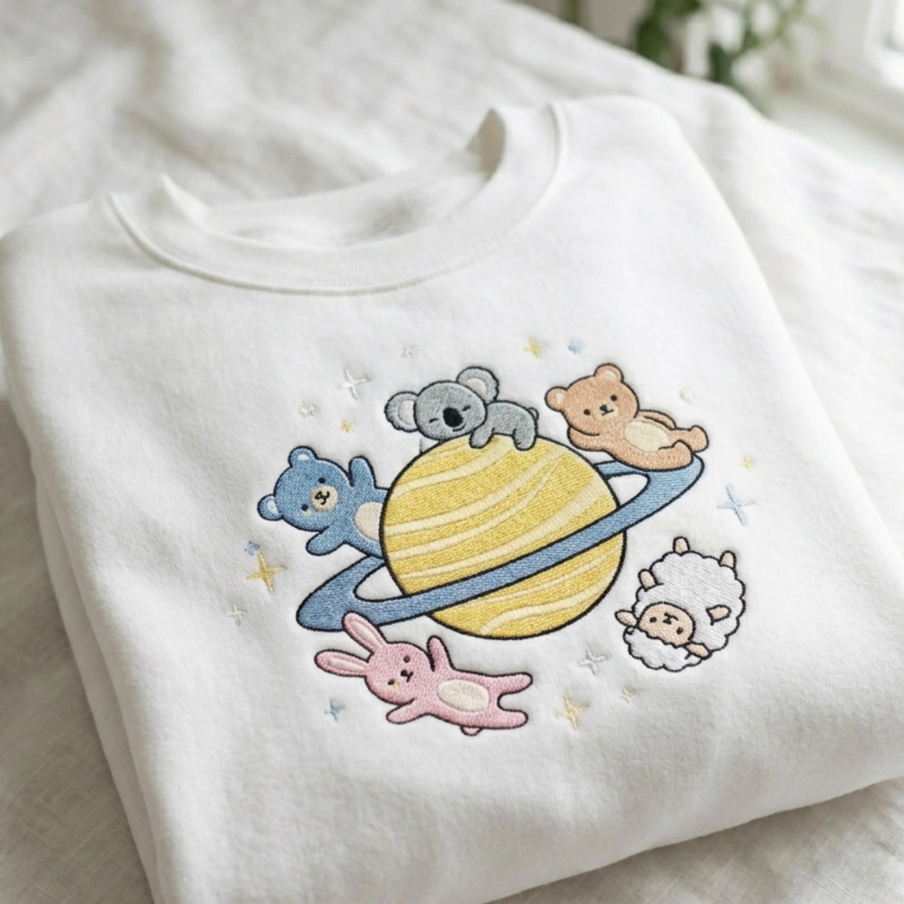Cute Animal Planet Embroidered Sweatshirt, Kawaii Space Crewneck, Teddy Bear Bunny Shirt, Pastel Aesthetic Gift