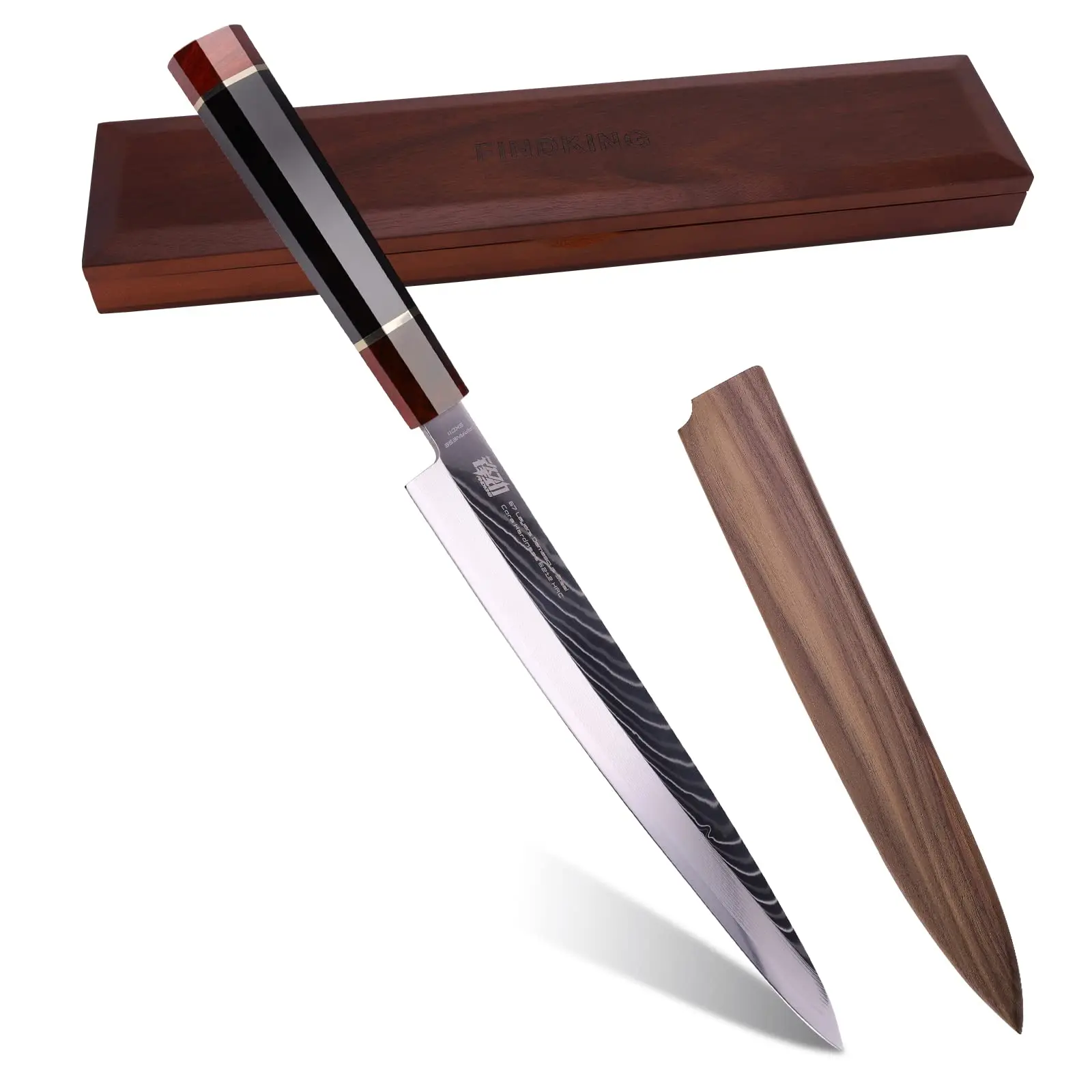 FINDKING Prestige Series 10.5in Yanagiba Chef Knife - Japanese SKD11 Damascus Steel Blade, Ergonomic Ebony Octagonal Handle, Walnut Cover, Precision Slicer, Kitchenware Cutlery with Wooden Gift Box for Sashimi Prep