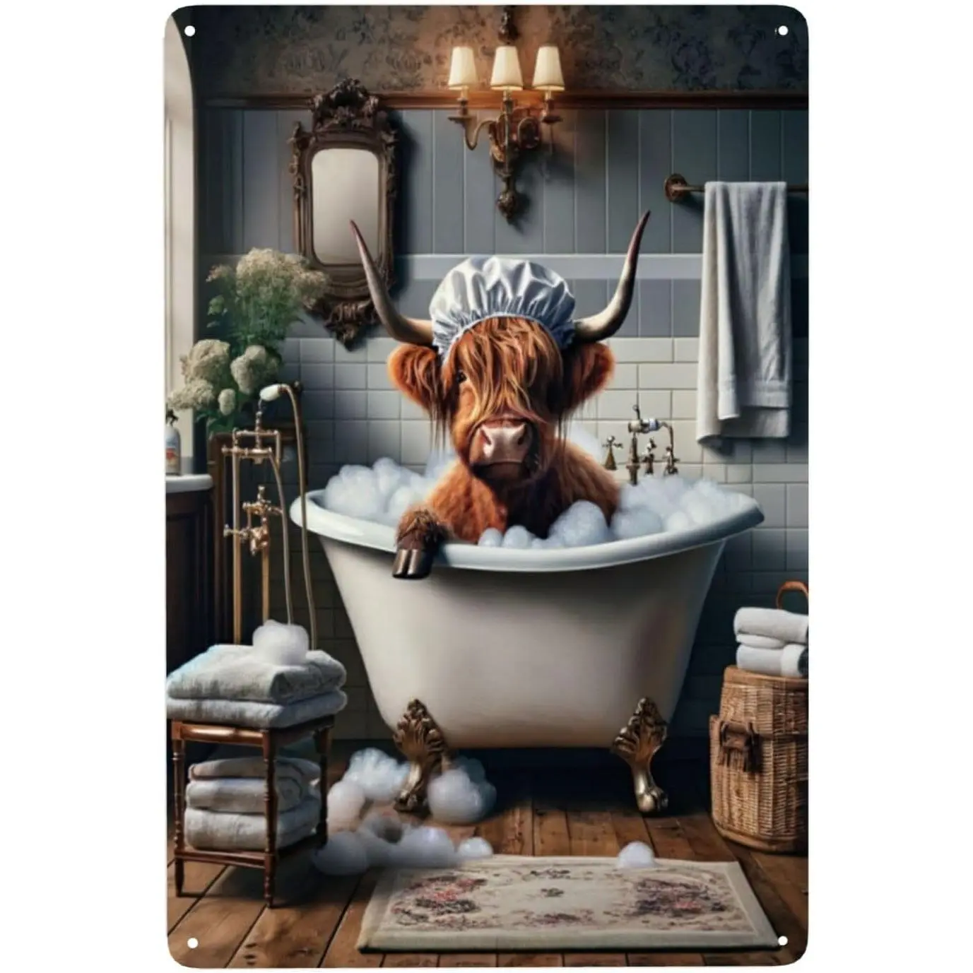 Rustic Highland Cow in Bath Vintage Metal tin sign Wall Art decor,Antique Tin Sign for Bathroom Decor,Charming Home Decor Plaque,Farmhouse Wall Pediment,Indoor Outdoor Decor,Quirky Gift Idea 12x16inch