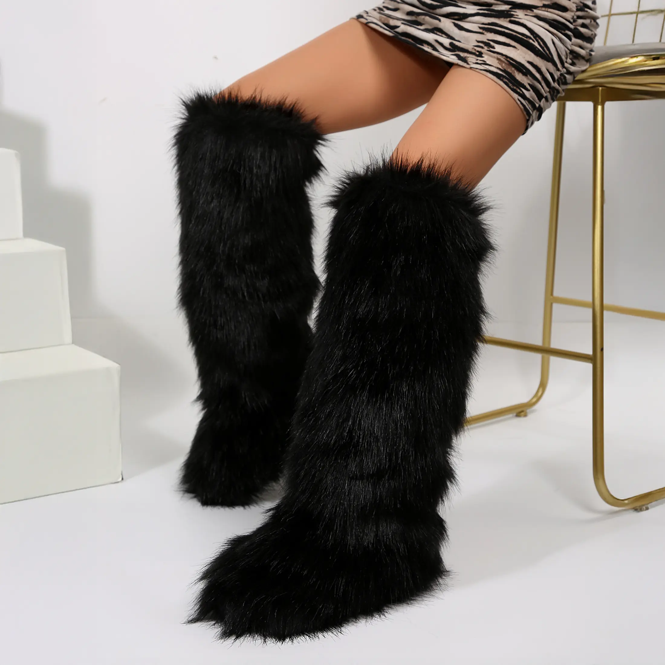 Women's Faux Plush Knee High Boots Fluffy Winter Boots with Bold Style, Warm & Fashionable Statement Footwear Indoor Outdoor Shoes