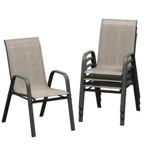 GAOMON Patio Chairs Set of 4, Outdoor Stackable Dining Chairs with Textilene Fabric, All-Weather Deck Stacking Chairs with High Back for Backyard Poolside Garden Balcony, Grey