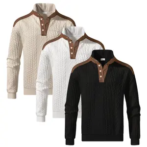 Men's Solid Color Diamond Pattern Half Placket Button Pullover Sweater with Patchwork Design, Suitable for Spring and Autumn Wear