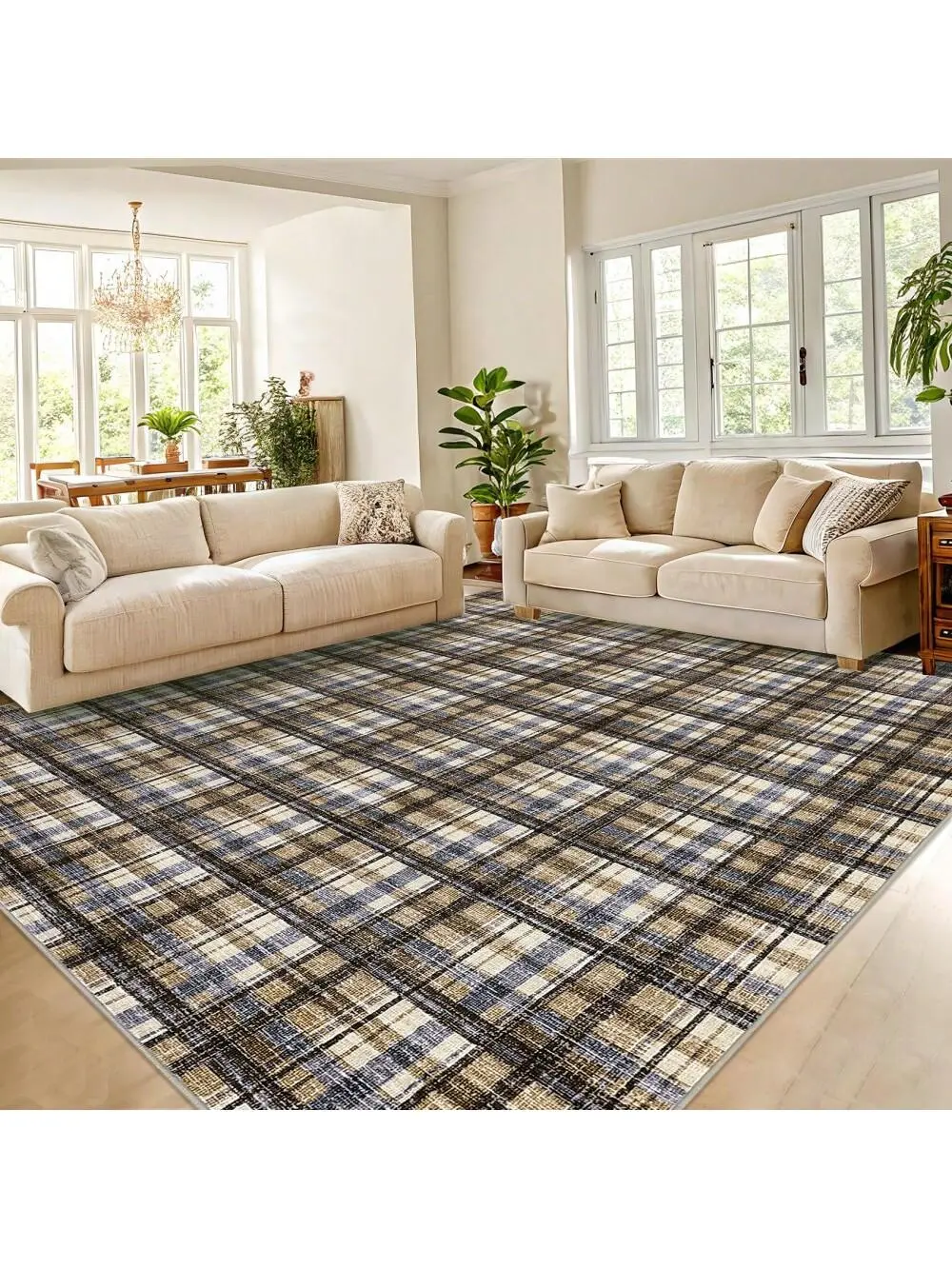 Blue Camel-2*6 feet Modern Plaid Machine Washable Area Rug Non Slip Non Shedding Throw Rugs Stain Resistant Pet Friendly For Bedroom Living Room Low Pile Ultra Thin Flodable Indoor Carpet For Dining Room Kitchen Nursery, Checkered Area Rug, Decorative Rug
