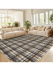 Blue Camel-2*6 feet Modern Plaid Machine Washable Area Rug Non Slip Non Shedding Throw Rugs Stain Resistant Pet Friendly For Bedroom Living Room Low Pile Ultra Thin Flodable Indoor Carpet For Dining Room Kitchen Nursery, Checkered Area Rug, Decorative Rug