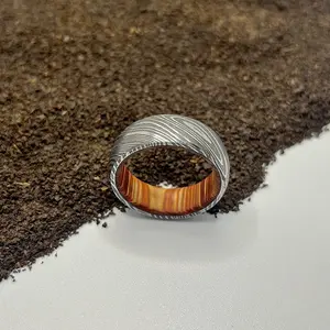 Men's Damascus Steel Ring with Whiskey Barrel Wood Inlay Unique Wedding Band & Father's Day Gift Handmade 100% Natural Hardwood Sleeve 1095 & 15n20 Metal Strength Durability