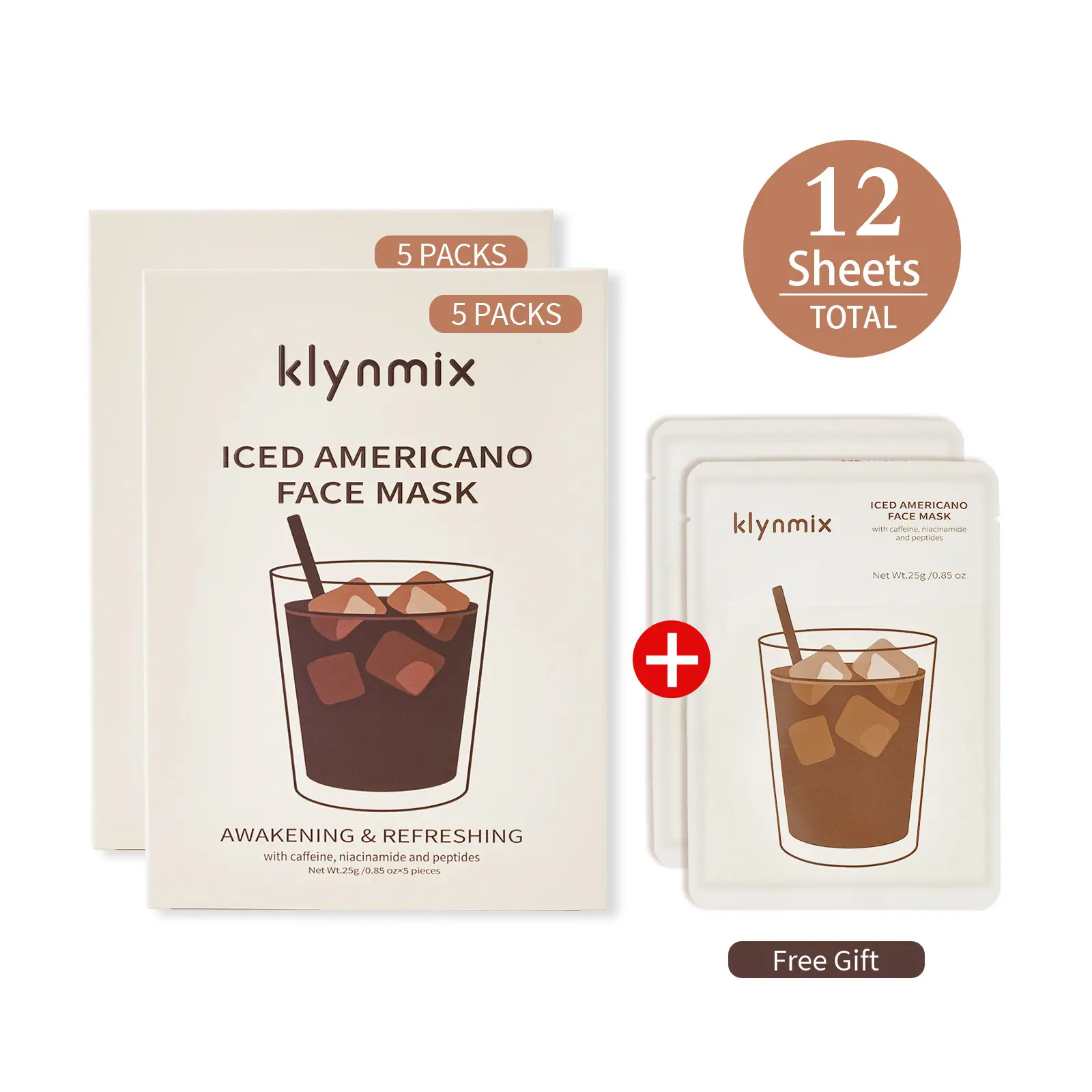 KLYNMIX Iced Americano Caffeine Mask 12 Sheets - Depuffing Brightening Firming with Caffeine Niacinamide & Peptides for Enhanced Skincare Routine