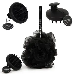 I AM 2-Pack Large Loofah Exfoliating Sponge & Soft Scalp Massager Brush For Hair Growth Ultimate Beauty Hair and Body Care Set: Premium Body Loofa Sponge, Premium Self-Care Scalp Massager (Coal)