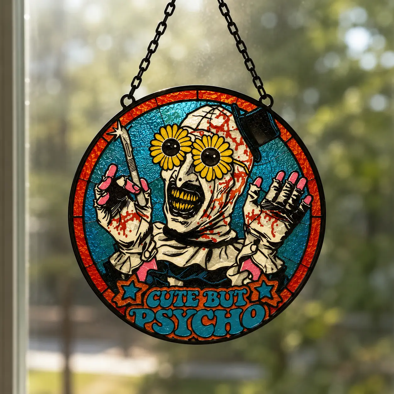 Horror Theme Framed Metal 1-Piece Terrifier Art the Clown 'Cute But Psycho' Faux Stained Glass Light Hanging Suncatcher - Colorful Home Decor Artwork with Sunflower Glasses, Scalpel Features - Slasher Fan Gift, Box Included