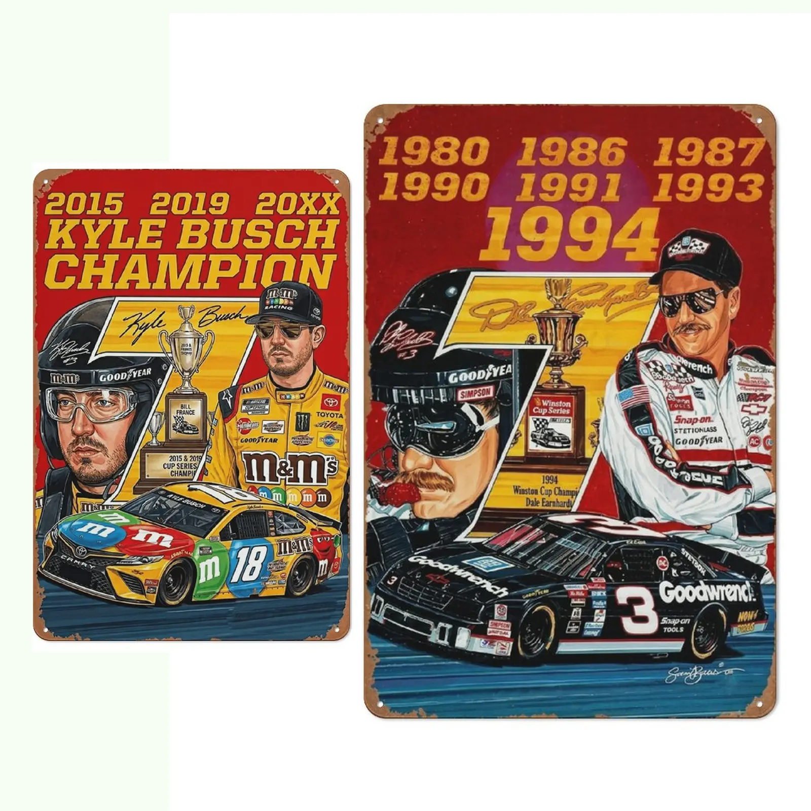 Dale Earnhardt & Kyle Busch Motor Metal Tin Sign, 8x12 Inches Lightweight Racing Champion Wall Art Plaque, Nostalgic Home Decor for Man Cave Garage, Ideal Artwork Gift for Office Decoration