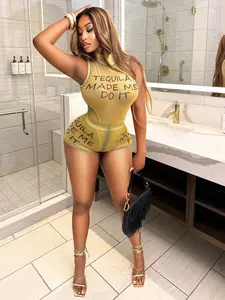 2026 Summer High Neck Mesh Letter Print Sleeveless Romper Women Sleeveless Mesh Letter Print Short Jumpsuit Fashion High Neck Mesh Romper Letter Print Summer Outfit European American Mesh Letter Print Sleeveless Romper Trendy High Neck Sleeveless Mesh