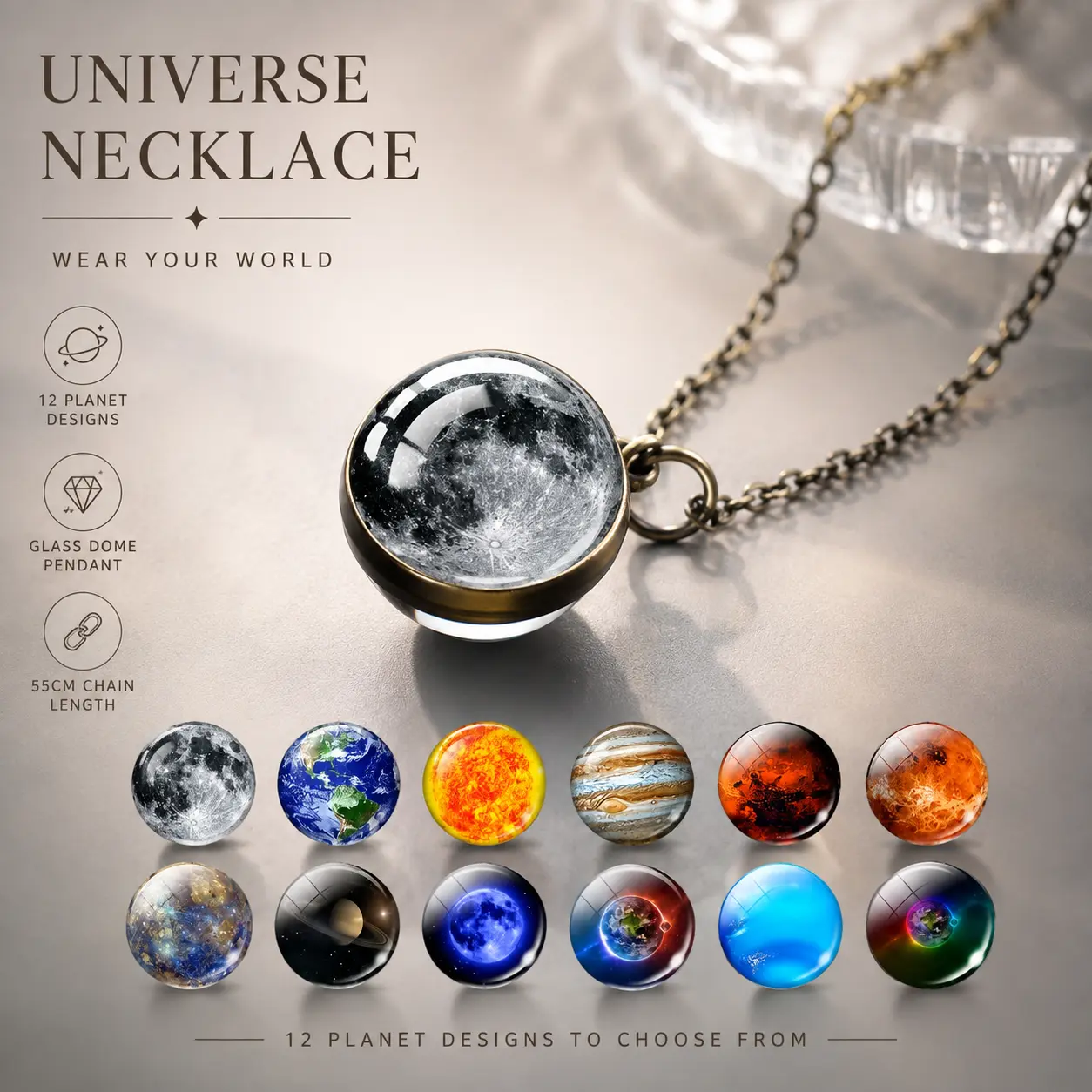 Cosmic Theme Solar System Galaxy Charm Necklace - Double-Sided Time Gem Ball Glass Pendant, Custom Charm Necklace for Women