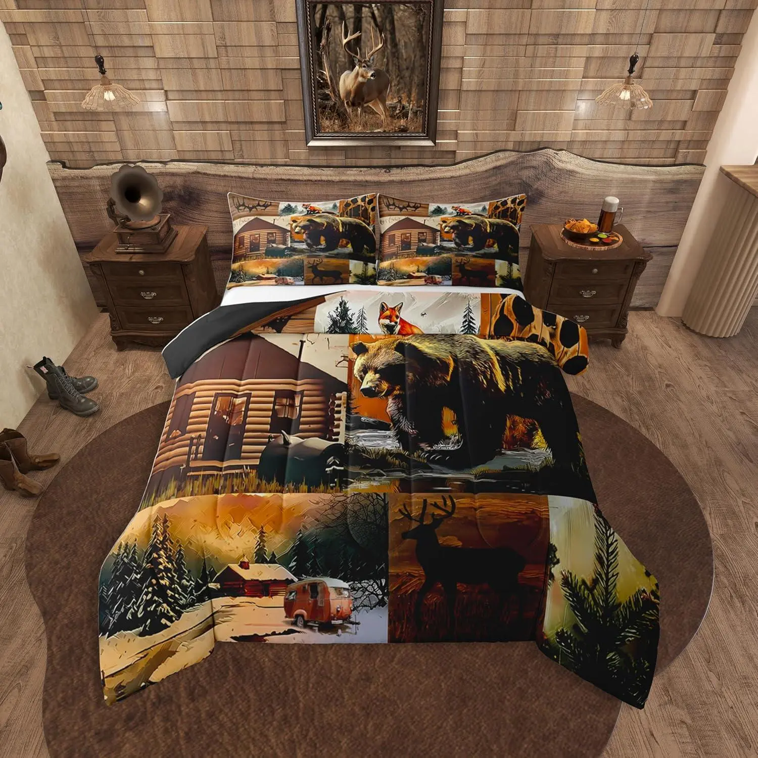 Feelyou Rustic Country Lodge Microfibre-Polyester Duvet & Comforter Set - Queen Size, Breathable, Machine Washable, Animal (Bear, Deer, Fox), Vintage Barn, Pine Tree Prints, Brown Insert, Lightweight Warmth for RV Camping Adults, All Seasons Travel Decor,