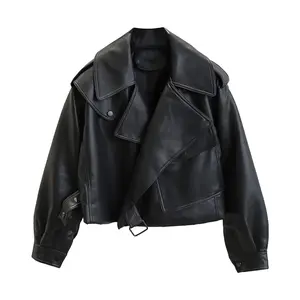Women's Lambskin Leather Motorcycle Jacket Cropped Oversized by Hide Crafts
